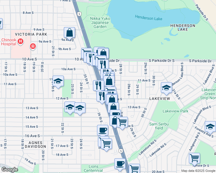 map of restaurants, bars, coffee shops, grocery stores, and more near 1108 27 Street South in Lethbridge