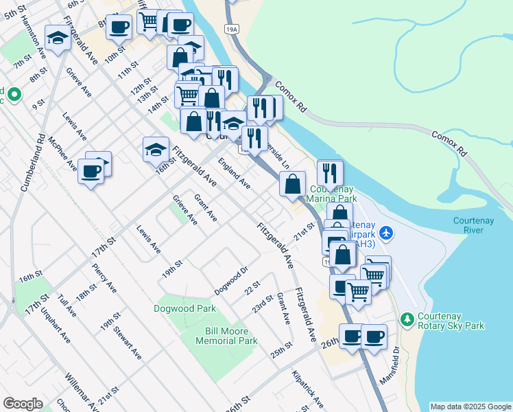 map of restaurants, bars, coffee shops, grocery stores, and more near 450 19th Street in Courtenay