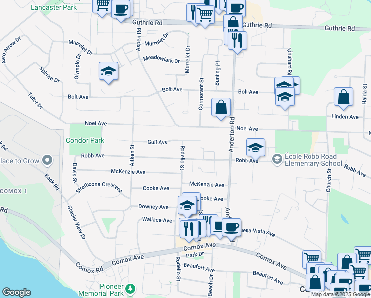 map of restaurants, bars, coffee shops, grocery stores, and more near 454 Rodello Street in Comox