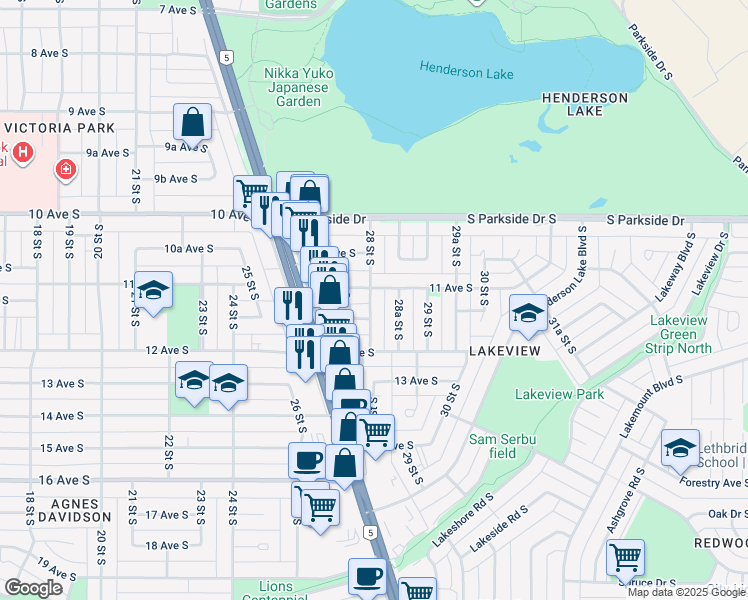 map of restaurants, bars, coffee shops, grocery stores, and more near 1107 28 Street South in Lethbridge