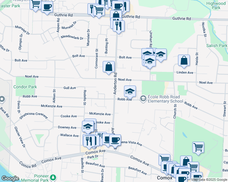 map of restaurants, bars, coffee shops, grocery stores, and more near 463 Anderton Road in Comox