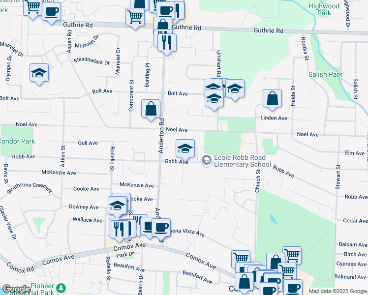 map of restaurants, bars, coffee shops, grocery stores, and more near Holly Place in Comox