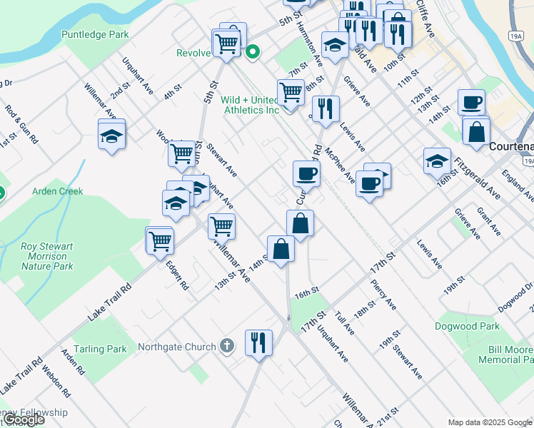 map of restaurants, bars, coffee shops, grocery stores, and more near 1155 Stewart Avenue in Courtenay