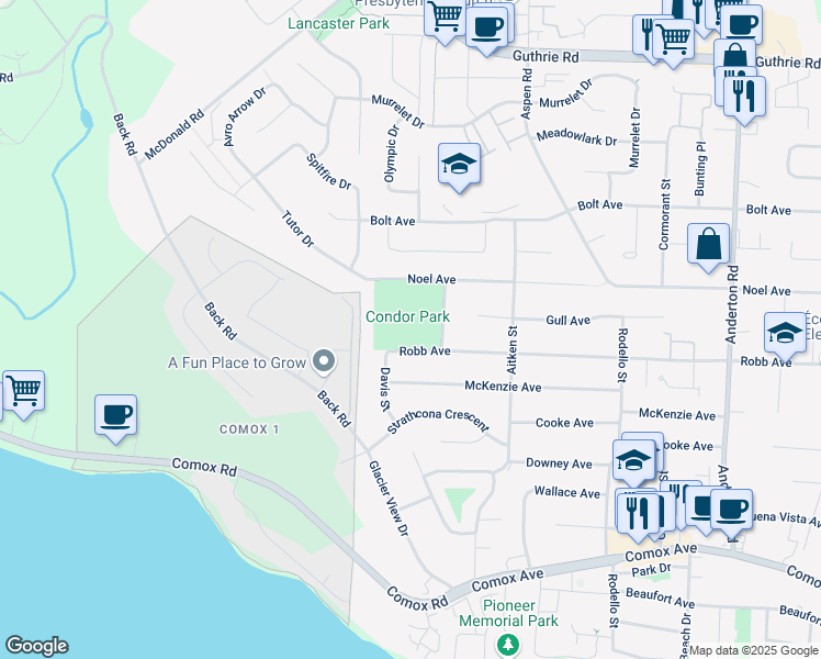 map of restaurants, bars, coffee shops, grocery stores, and more near Robb Avenue in Comox