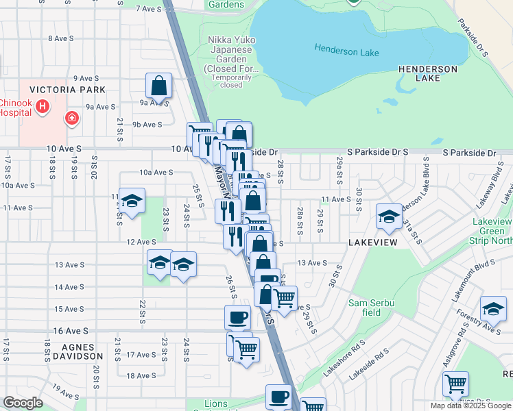 map of restaurants, bars, coffee shops, grocery stores, and more near 1108 27 Street South in Lethbridge