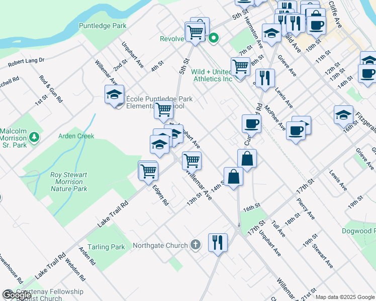 map of restaurants, bars, coffee shops, grocery stores, and more near 1251 10th Street in Courtenay