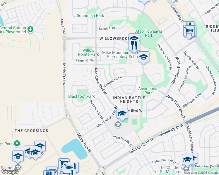 map of restaurants, bars, coffee shops, grocery stores, and more near 87 Athabasca Road West in Lethbridge