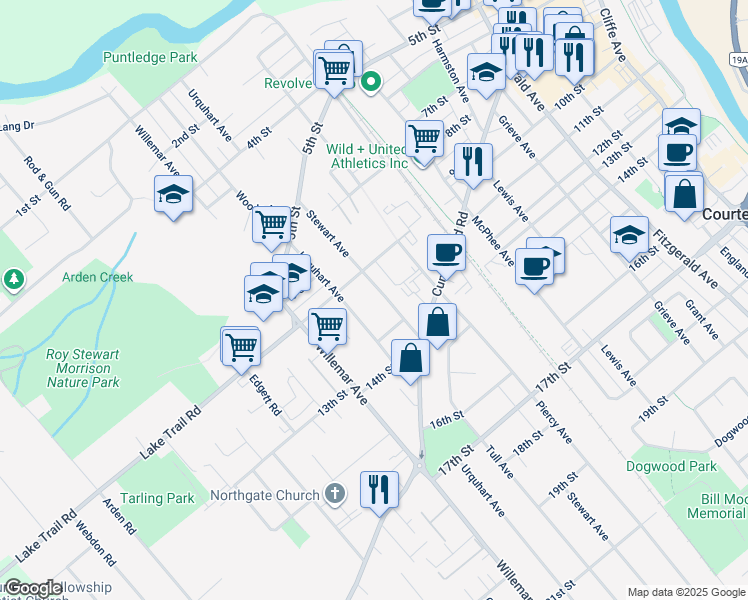 map of restaurants, bars, coffee shops, grocery stores, and more near 1081 Stewart Avenue in Courtenay