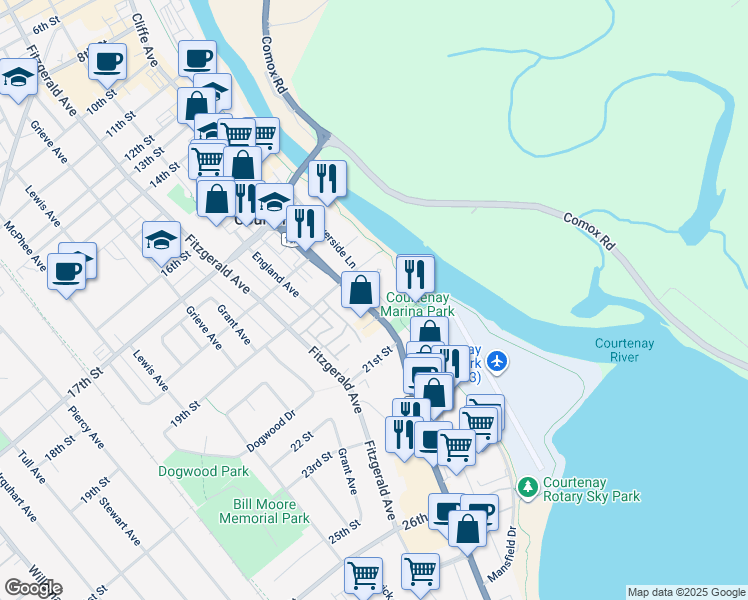 map of restaurants, bars, coffee shops, grocery stores, and more near in Courtenay