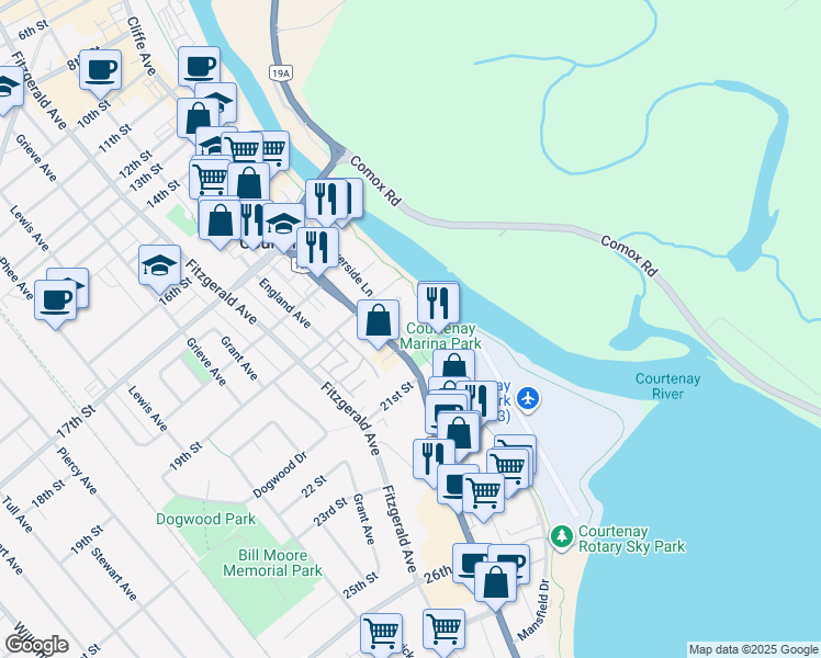 map of restaurants, bars, coffee shops, grocery stores, and more near 119 20 Street in Courtenay