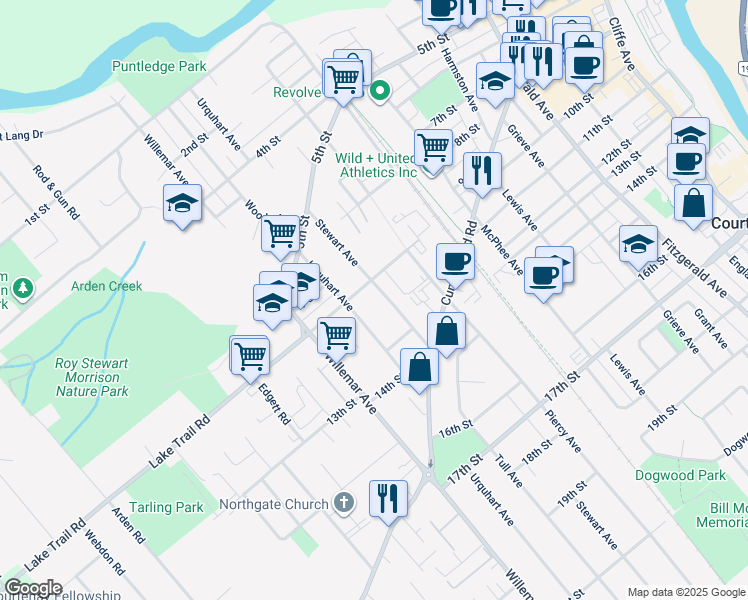 map of restaurants, bars, coffee shops, grocery stores, and more near 1049 Stewart Avenue in Courtenay