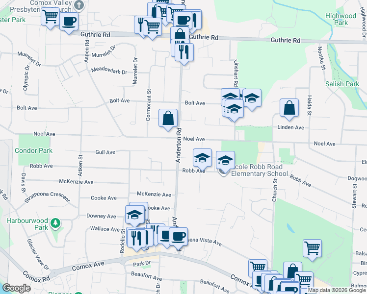 map of restaurants, bars, coffee shops, grocery stores, and more near 463 Anderton Road in Comox