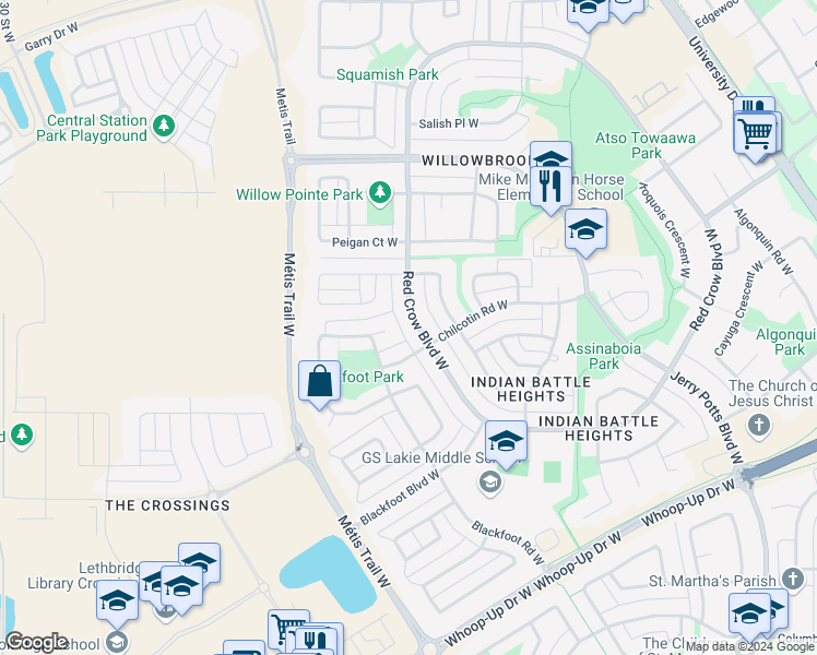 map of restaurants, bars, coffee shops, grocery stores, and more near 691 Red Crow Boulevard West in Lethbridge