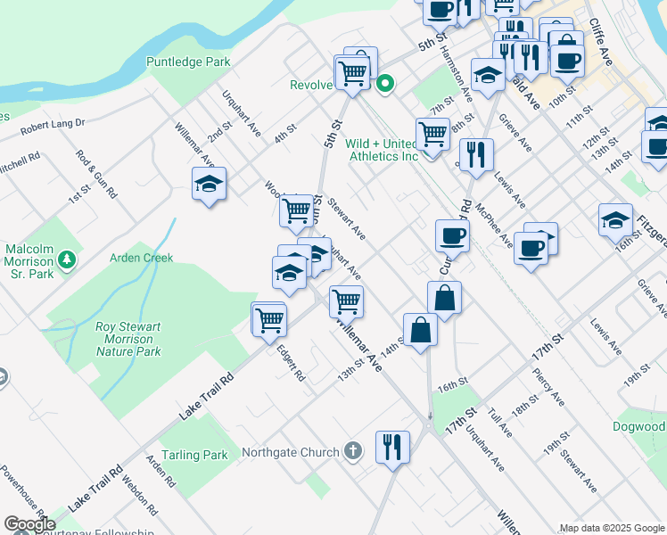 map of restaurants, bars, coffee shops, grocery stores, and more near 1251 10th Street in Courtenay