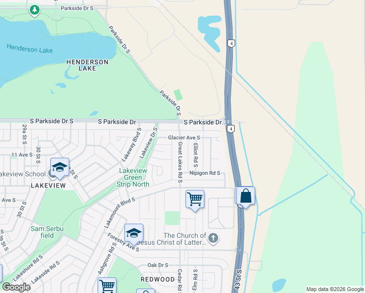 map of restaurants, bars, coffee shops, grocery stores, and more near 1103 Great Lakes Road South in Lethbridge