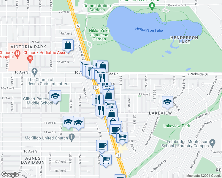 map of restaurants, bars, coffee shops, grocery stores, and more near 27 Street South in Lethbridge