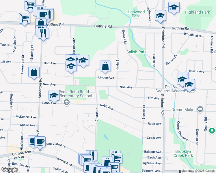 map of restaurants, bars, coffee shops, grocery stores, and more near Noel Avenue in Comox