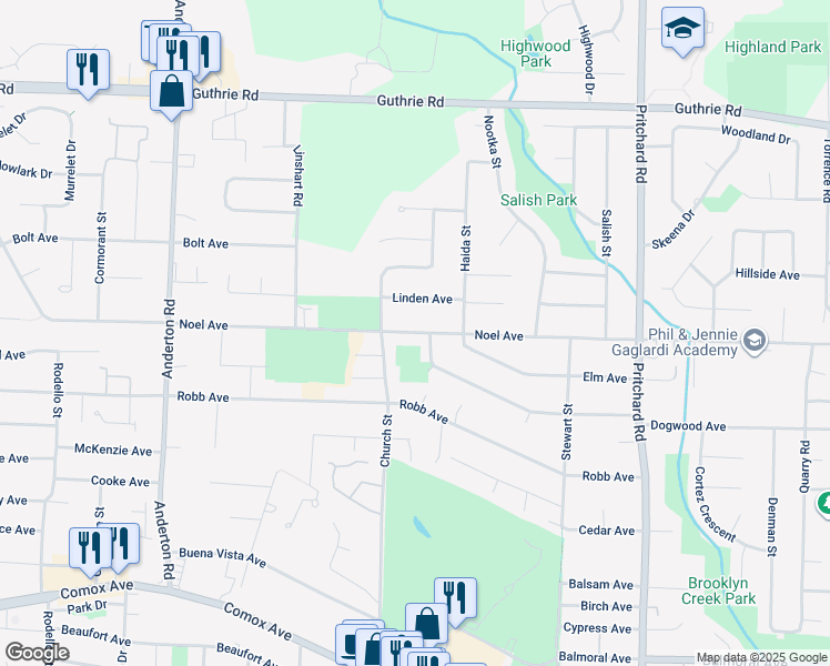 map of restaurants, bars, coffee shops, grocery stores, and more near Noel Avenue in Comox