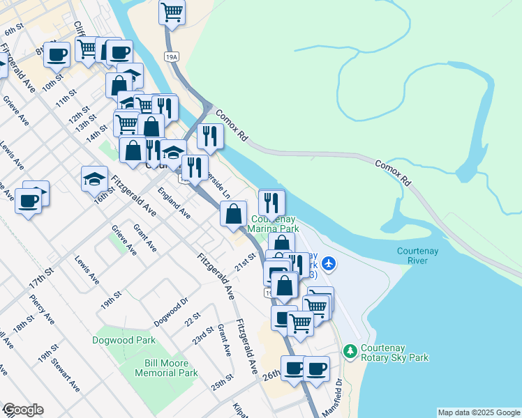 map of restaurants, bars, coffee shops, grocery stores, and more near 115 20 Street in Courtenay