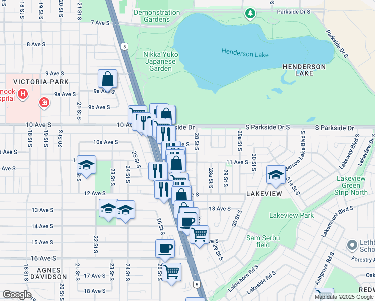 map of restaurants, bars, coffee shops, grocery stores, and more near 1012 28 Street South in Lethbridge