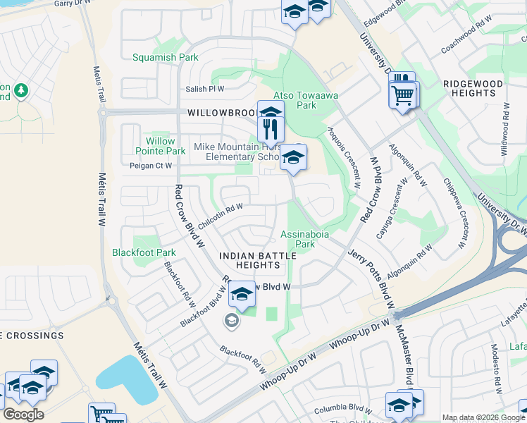 map of restaurants, bars, coffee shops, grocery stores, and more near 21 Chilcotin Road West in Lethbridge