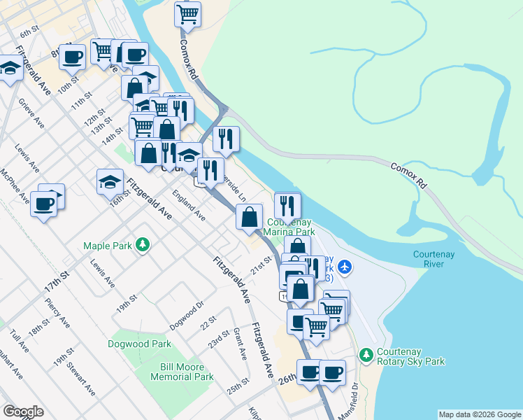 map of restaurants, bars, coffee shops, grocery stores, and more near 110 19th Street in Courtenay