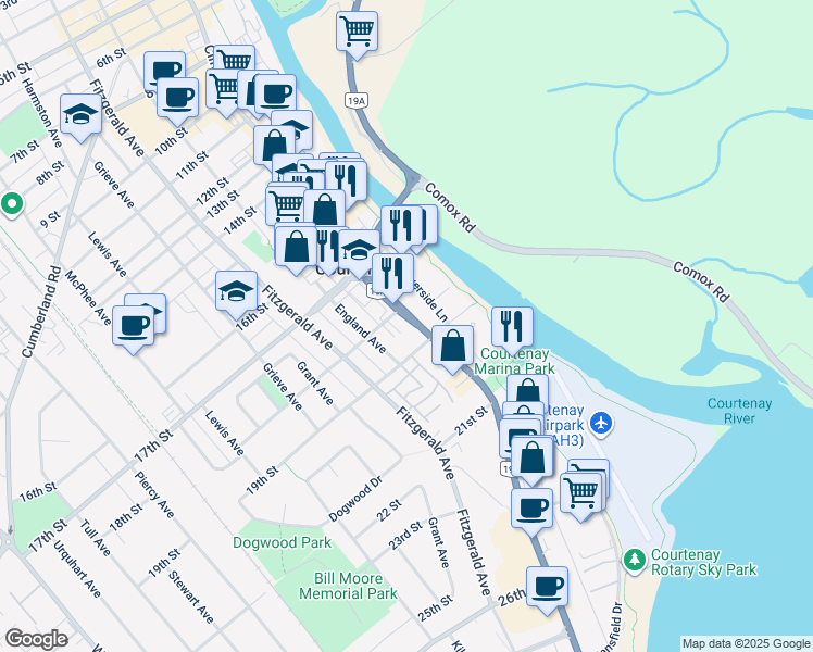 map of restaurants, bars, coffee shops, grocery stores, and more near 1835 Cliffe Avenue in Courtenay