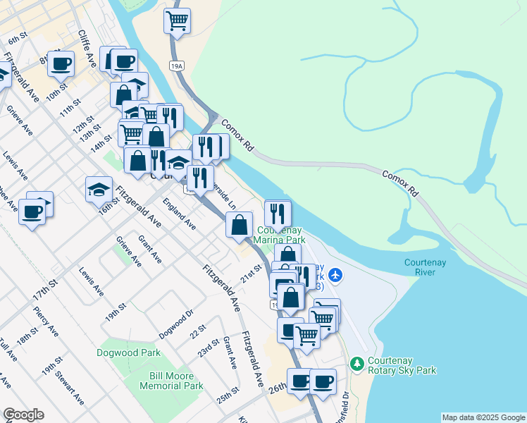 map of restaurants, bars, coffee shops, grocery stores, and more near 110 19th Street in Courtenay