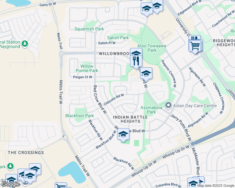 map of restaurants, bars, coffee shops, grocery stores, and more near 93 Chilcotin Road West in Lethbridge
