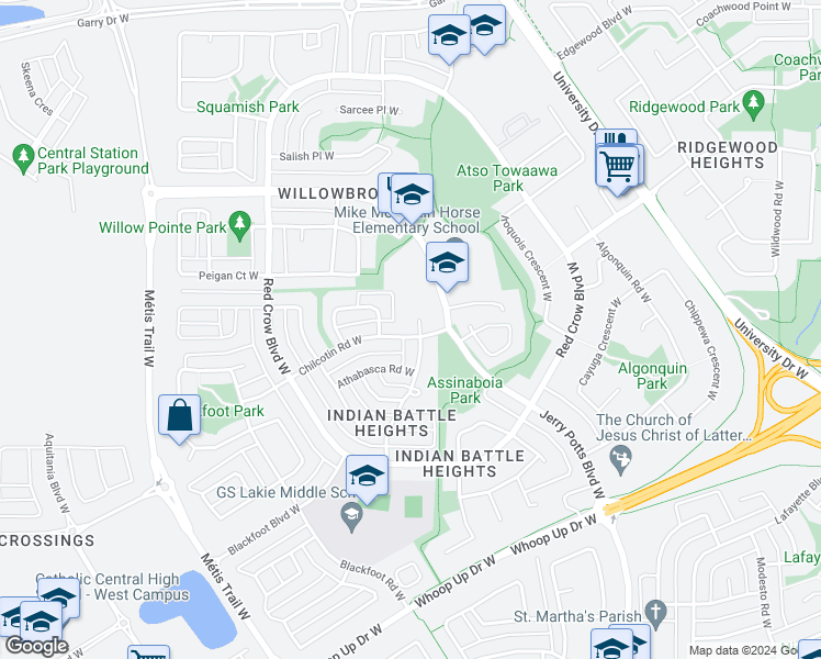 map of restaurants, bars, coffee shops, grocery stores, and more near 21 Chilcotin Road West in Lethbridge