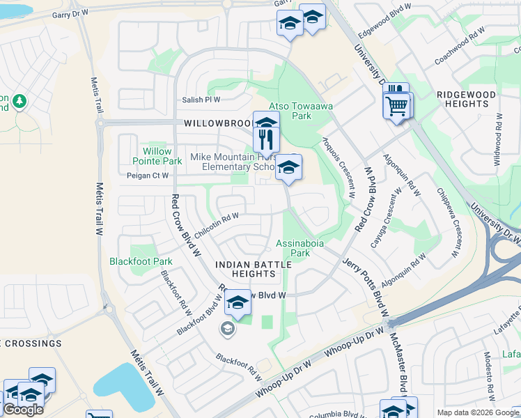 map of restaurants, bars, coffee shops, grocery stores, and more near 21 Chilcotin Road West in Lethbridge
