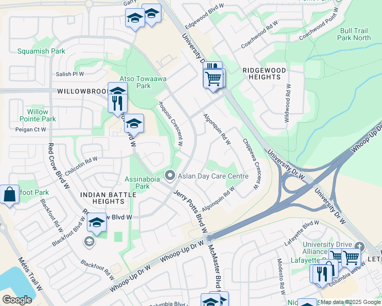 map of restaurants, bars, coffee shops, grocery stores, and more near 54 Red Crow Boulevard West in Lethbridge