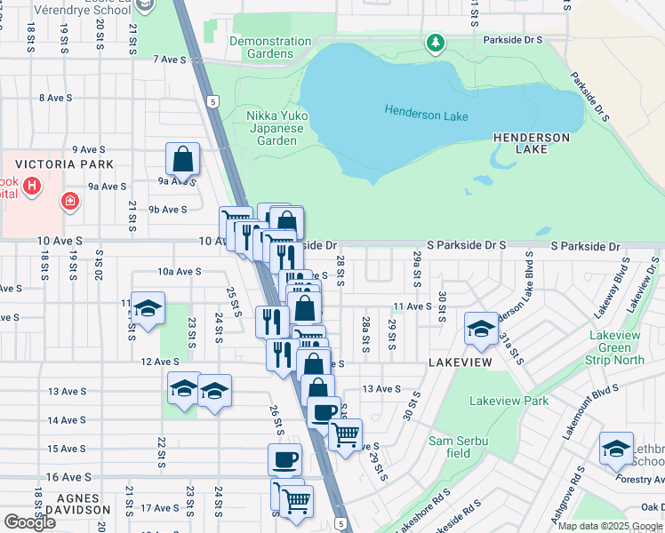 map of restaurants, bars, coffee shops, grocery stores, and more near 1012 28 Street South in Lethbridge