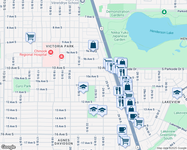 map of restaurants, bars, coffee shops, grocery stores, and more near 2209 10A Avenue South in Lethbridge