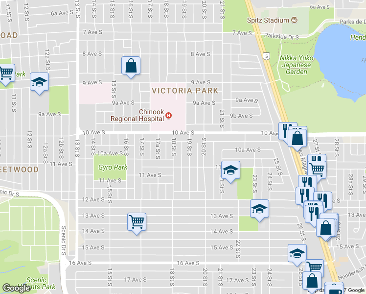 map of restaurants, bars, coffee shops, grocery stores, and more near 1016 19 Street South in Lethbridge
