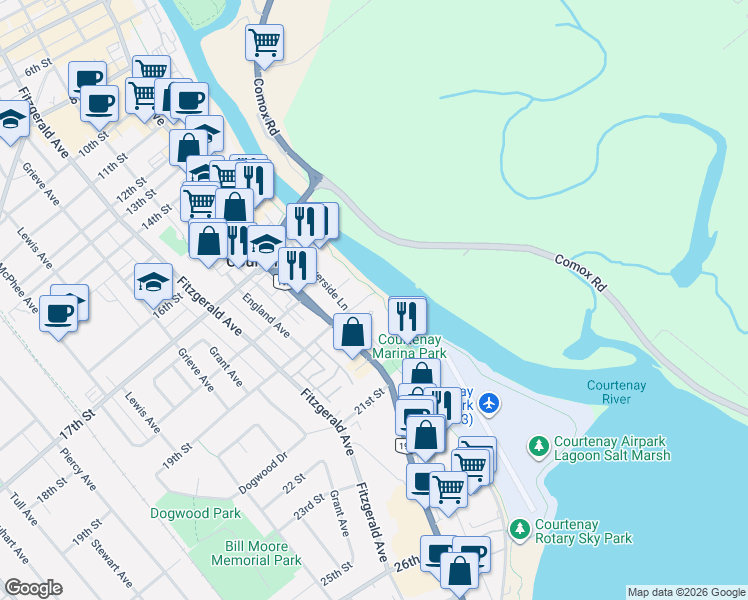 map of restaurants, bars, coffee shops, grocery stores, and more near 110 19th Street in Courtenay