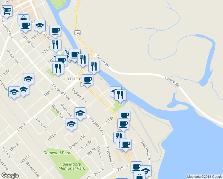 map of restaurants, bars, coffee shops, grocery stores, and more near 110 19th Street in Courtenay