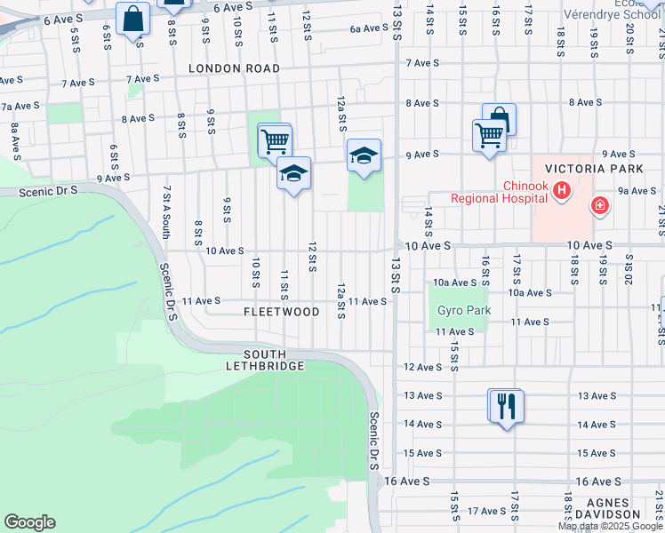 map of restaurants, bars, coffee shops, grocery stores, and more near 1010 12A Street South in Lethbridge