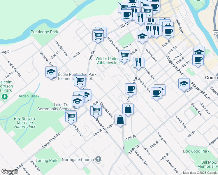 map of restaurants, bars, coffee shops, grocery stores, and more near 1055 10th Street in Courtenay