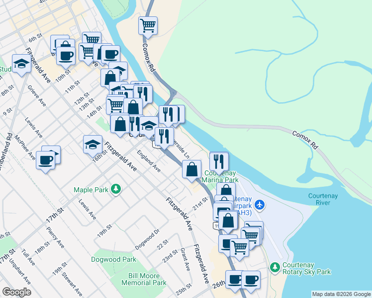 map of restaurants, bars, coffee shops, grocery stores, and more near Riverside Lane in Courtenay