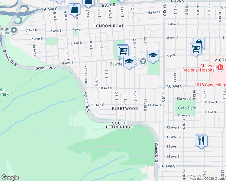 map of restaurants, bars, coffee shops, grocery stores, and more near 1014 10 Street South in Lethbridge
