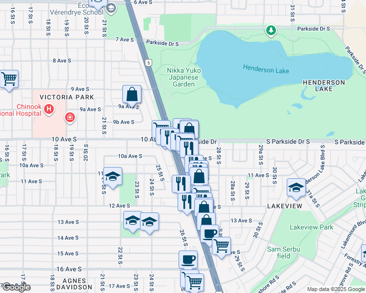 map of restaurants, bars, coffee shops, grocery stores, and more near 1009 Mayor Magrath Drive South in Lethbridge