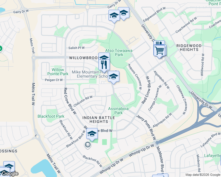 map of restaurants, bars, coffee shops, grocery stores, and more near 142 Jerry Potts Boulevard West in Lethbridge
