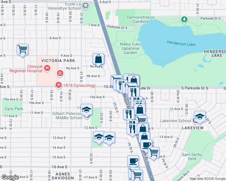 map of restaurants, bars, coffee shops, grocery stores, and more near 2404 10 Avenue South in Lethbridge