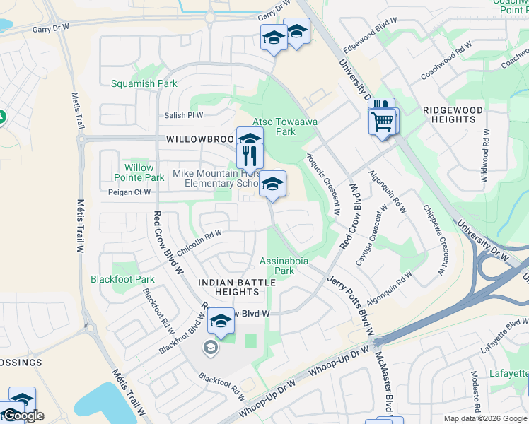map of restaurants, bars, coffee shops, grocery stores, and more near 142 Jerry Potts Boulevard West in Lethbridge