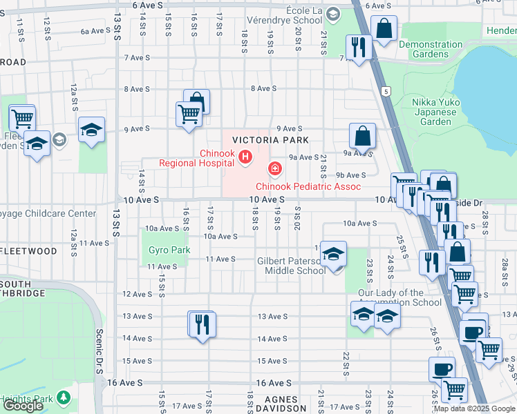 map of restaurants, bars, coffee shops, grocery stores, and more near 1016 19 Street South in Lethbridge
