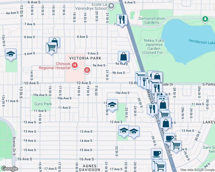 map of restaurants, bars, coffee shops, grocery stores, and more near 2102 10 Avenue South in Lethbridge