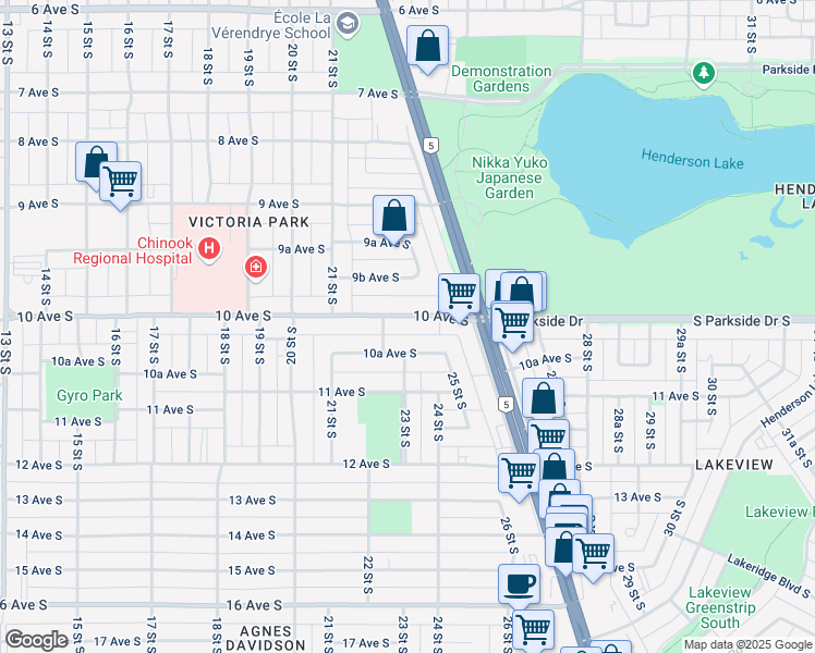 map of restaurants, bars, coffee shops, grocery stores, and more near 2209 10A Avenue South in Lethbridge
