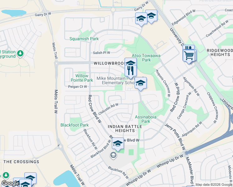 map of restaurants, bars, coffee shops, grocery stores, and more near 2 Chilcotin Crescent West in Lethbridge