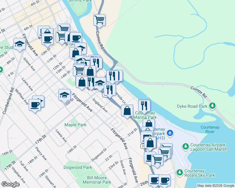 map of restaurants, bars, coffee shops, grocery stores, and more near 1800 Riverside Lane in Courtenay